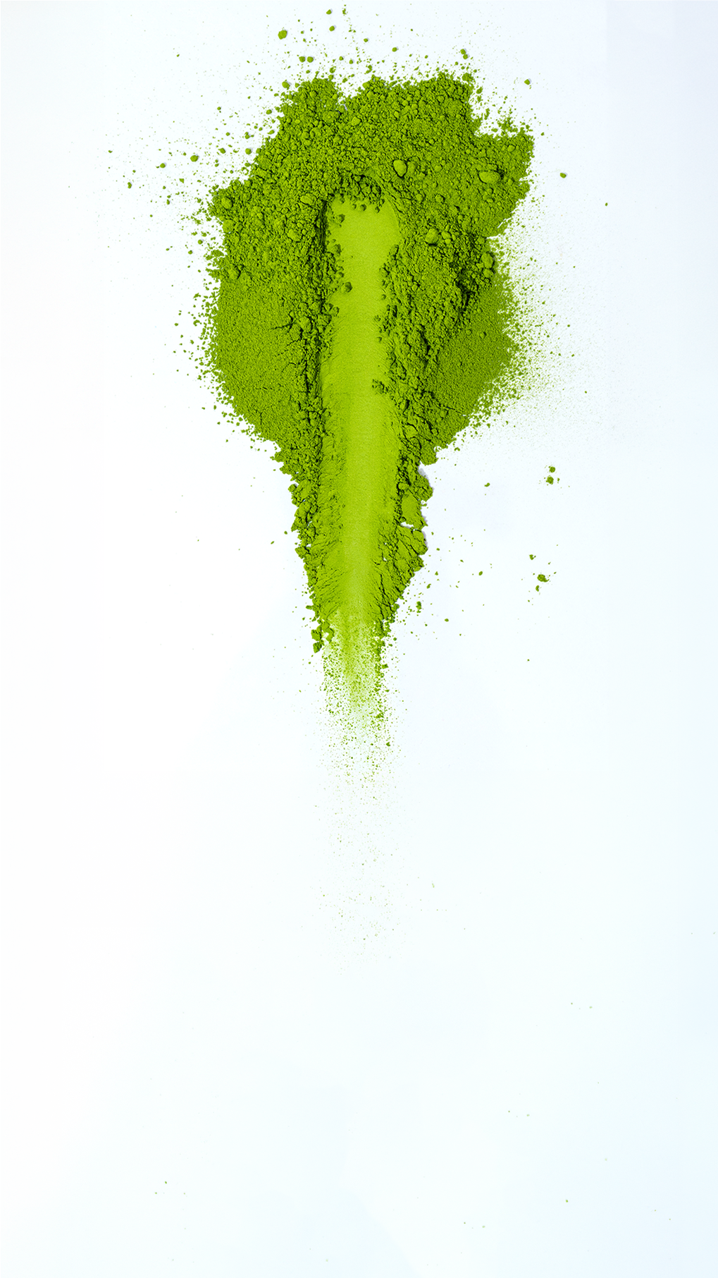 Vibrant green ceremonial grade matcha powder on white background showing the intense colour of premium Japanese matcha