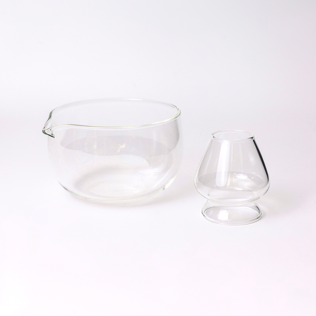 Best at Matcha Clarity glass matcha bowl and whisk stand set on a white background