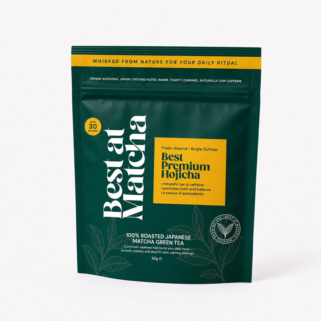 Green pouch of Best at Matcha Premium Hojicha tea powder on a white background