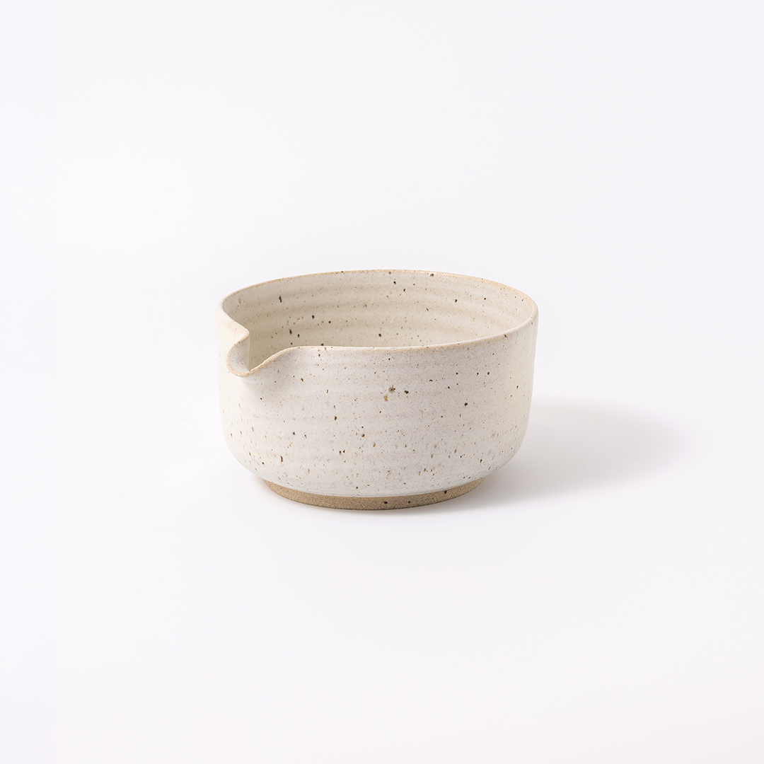Best at Matcha Yuki ceramic matcha bowl — handcrafted white speckled chawan with pouring spout by Clay & Canvas