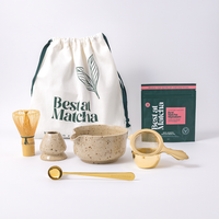 Matcha preparation set with a drawstring bag, bowl, whisk, scoop, and package on a white background