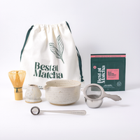 Best at Matcha Ritual Complete Set Yuki in silver with branded drawstring bag — ceramic chawan bowl, whisk stand, bamboo chasen, silver perfect scoop, silver sifter and Best Matcha Signature powder