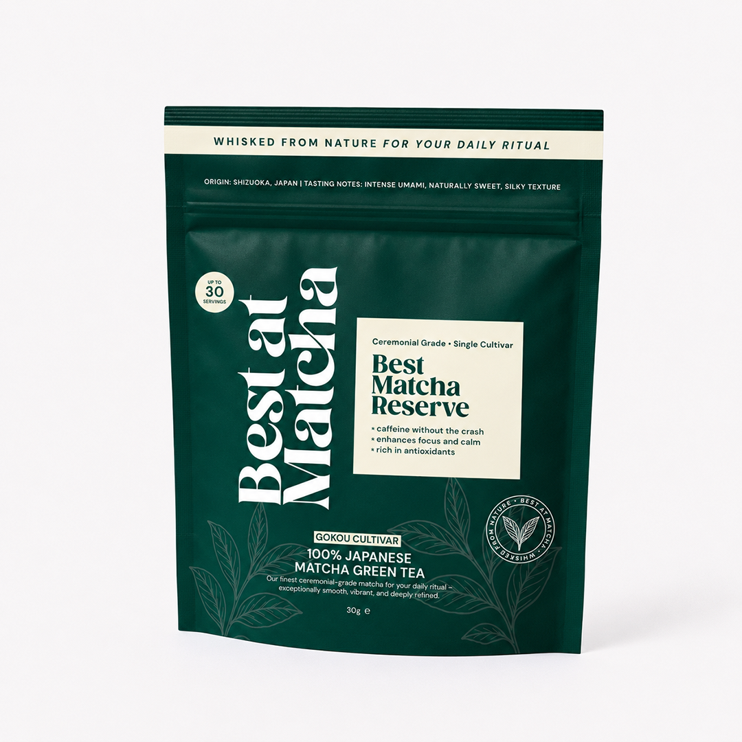 Best Matcha Reserve matcha green tea powder in a 30g pouch on a white background