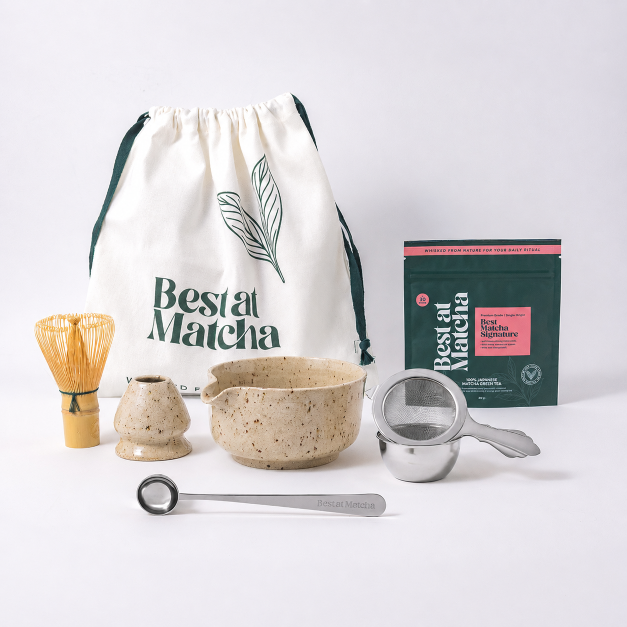 The Matcha Ritual Complete Set Suna in silver - ceremonial matcha set with bowl, whisk stand and bamboo chasen