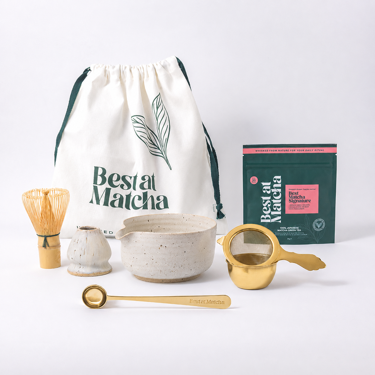 The Matcha Ritual Complete Set Yuki in gold — ceremonial matcha set with ridged ceramic bowl and tools